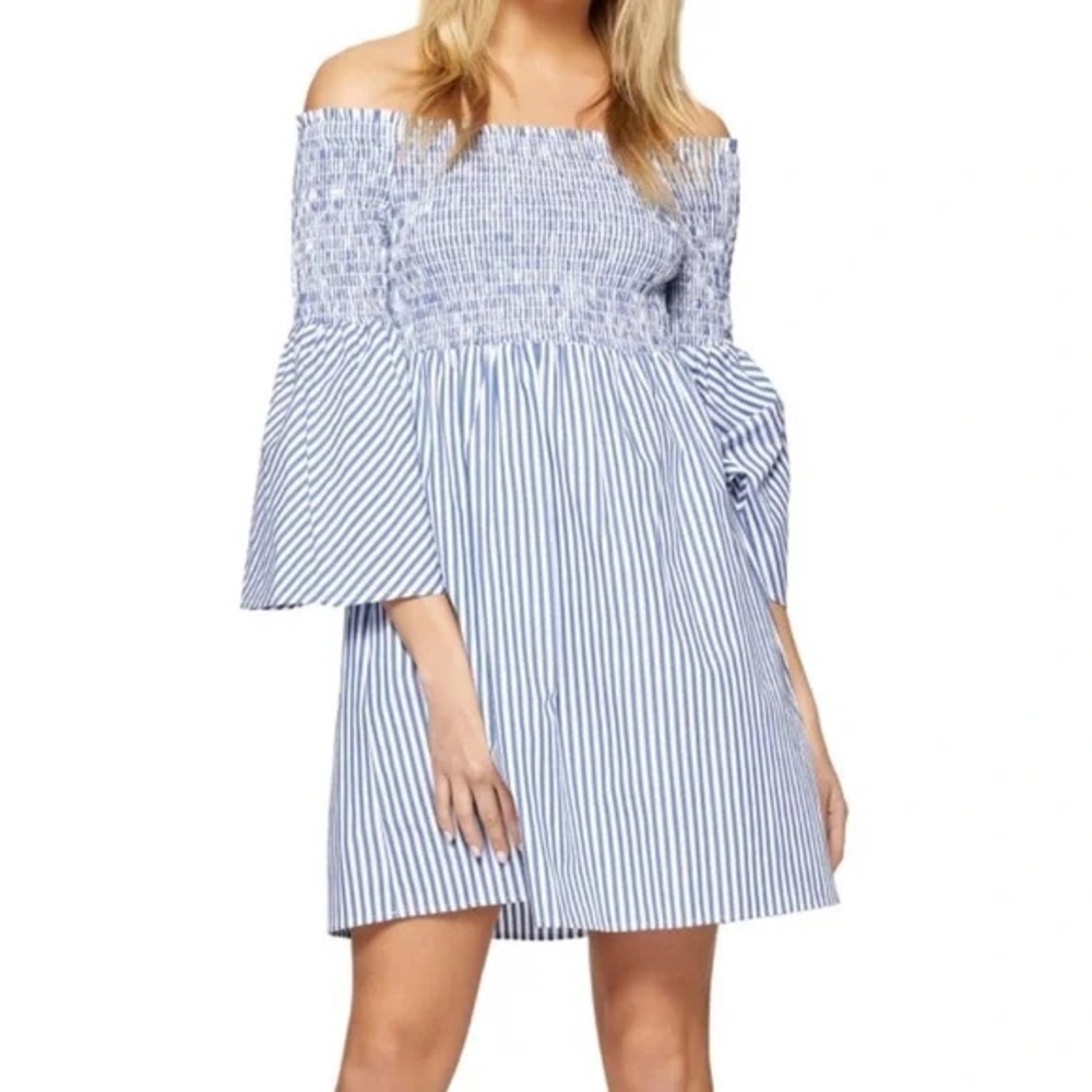 Zara Woman Off Shoulder Shirred Tunic or Mini Dress Coastal Stripe White Blue XS - Picture 9 of 9